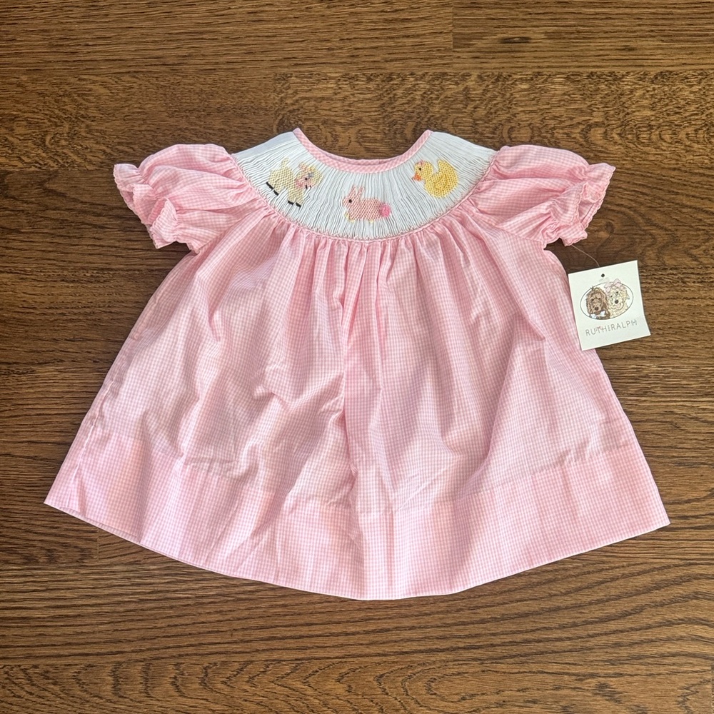 Ruth And Ralph Pink Gingham Embroidered Spring Animal Smocked Helen Dress
